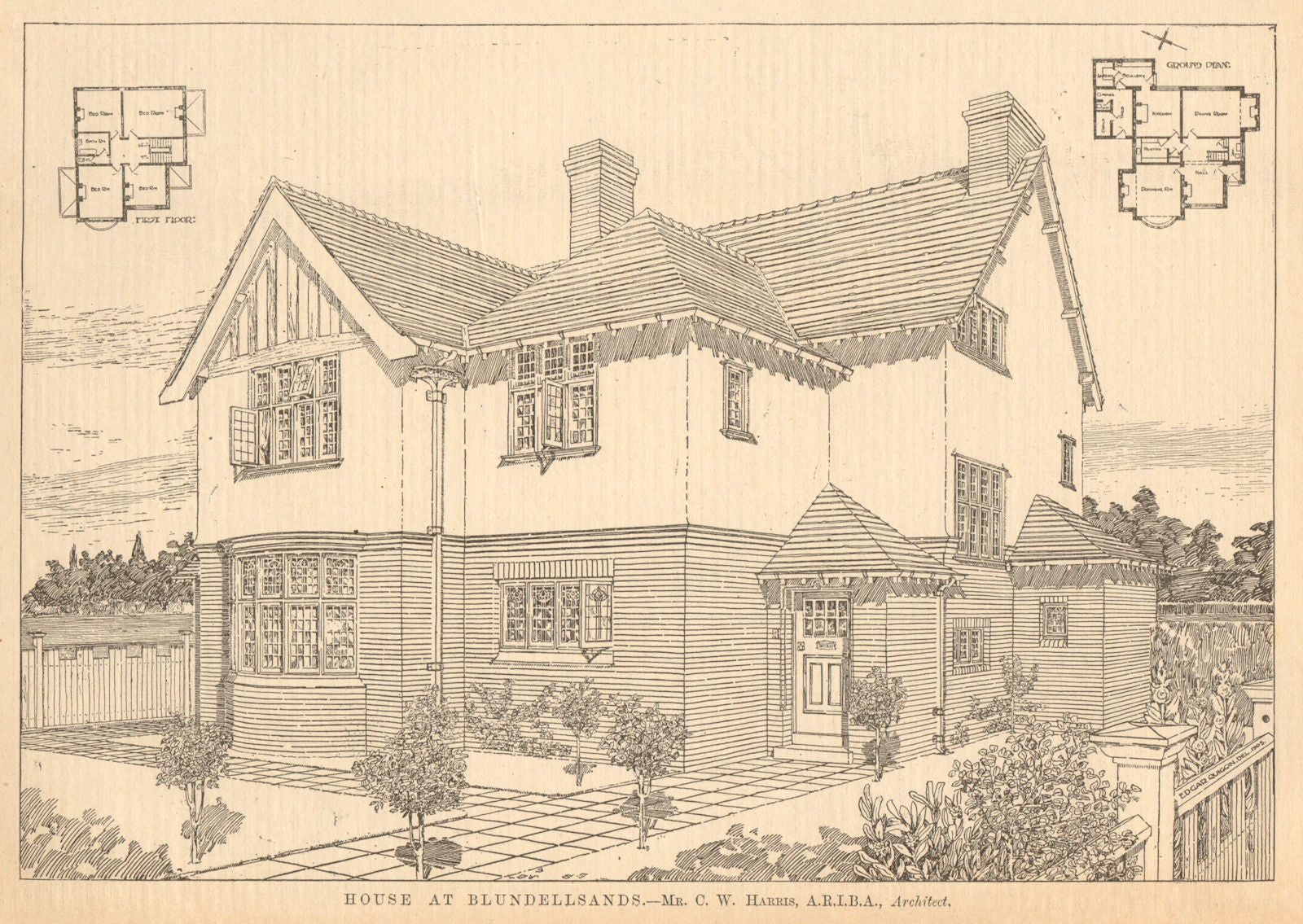 House at Blundellsands. C.W. Harris, Architect. Sketch & plans. Lancashire 1905